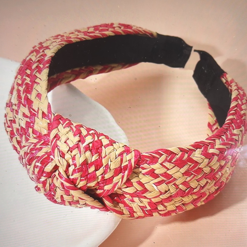 Raffia Weave Knot Headband in Fuschia & Tan